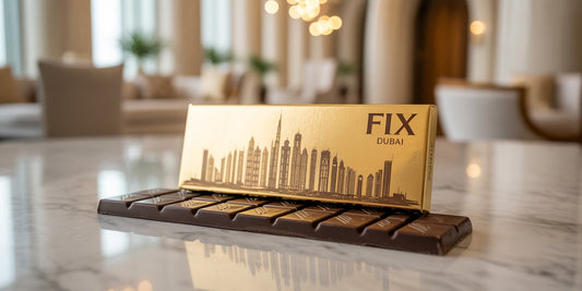 Dubai-Schokoladentafel ausgepackt auf einem Tisch, mit der Verpackung vor der Tafel