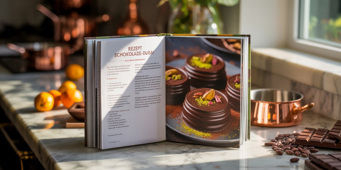 Rezeptbuch für Schokoladen aus Dubai auf weißem Tisch