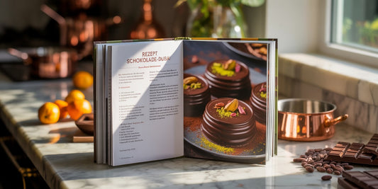 Rezeptbuch für Schokoladen aus Dubai auf weißem Tisch