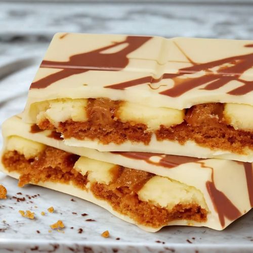 Dubai-Schokoladentafel mit Biscoff-Geschmack, in zwei Hälften geöffnet