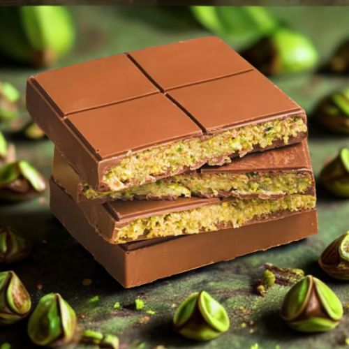 Dubai-Schokoladentafel, in zwei Hälften geöffnet, auf grünem Hintergrund mit Pistazien